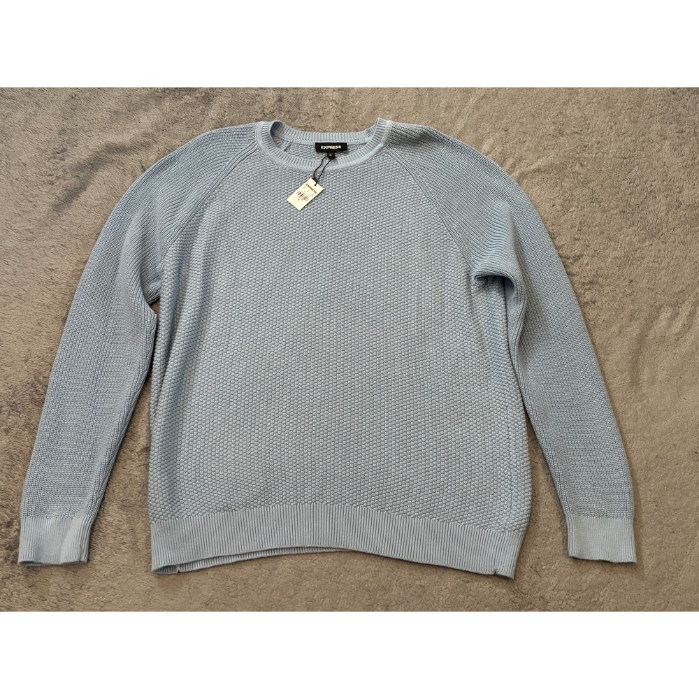 Express Mens Light Blue Waffle Knit Cotton Crewneck Sweater XL 01774985 0623